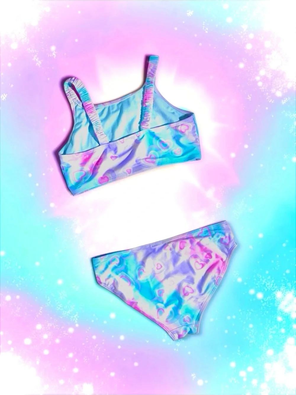 Wonder Nation Girls Heart‑Print Swimsuit Pastel Ombré 2‑Piece L 10–12 EUC